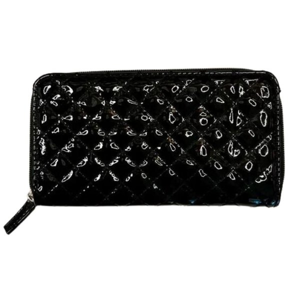 Gloss Black Diamond Stitch Zipper Wallet - Picture 1 of 8